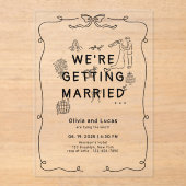 ロマンチックな手描きお洒落白黒結婚ズ アクリル招待状 (正面)