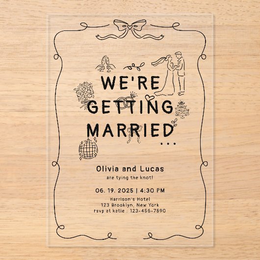 ロマンチックな手描きお洒落白黒結婚ズ アクリル招待状 (正面)