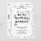 ロマンチックな手描きお洒落白黒結婚ズ 招待状 (正面/裏面)