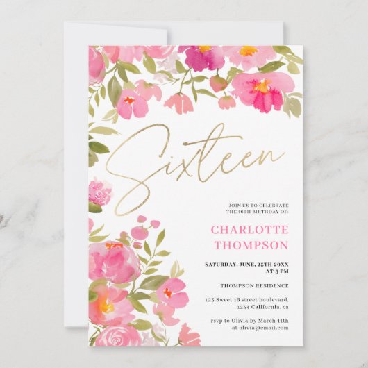 ロマンチックな手色彩の鮮やかピンクのフローラ写真Sweet 16 招待状 (正面)