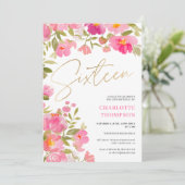 ロマンチックな手色彩の鮮やかピンクのフローラ写真Sweet 16 招待状 (スタンド正面)