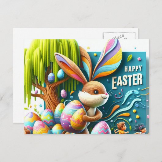 ロマンチックな抽象芸術イースターバニーは微笑んだ シーズンポストカード (正面/裏面)