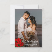 ロマンチックな新婚フォトホワイトスクリプトレッドローズ サンキューカード (正面)