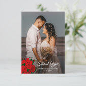 ロマンチックな新婚フォトホワイトスクリプトレッドローズ サンキューカード (スタンド正面)