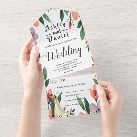 ロマンチックな新郎新婦フローラ庭園の結婚式 オールインワン招待状 (貼ってはがせる)