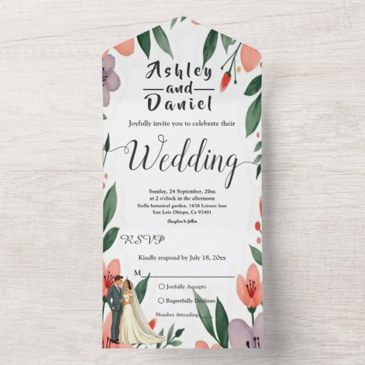 ロマンチックな新郎新婦フローラ庭園の結婚式 オールインワン招待状 (内側)