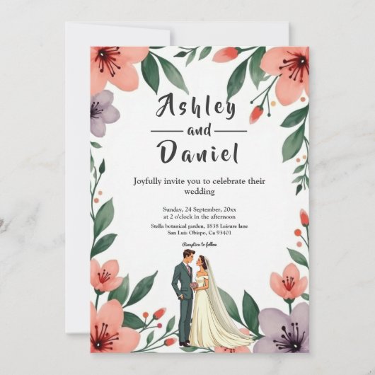 ロマンチックな新郎新婦フローラ庭園の結婚式 招待状 (正面)