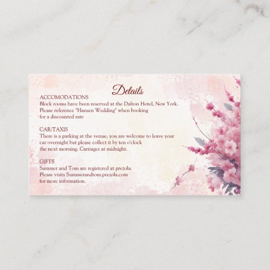 ロマンチックな日本ピンクのさくらんぼブロッサムレスポンスカード エンクロージャーカード (裏面)