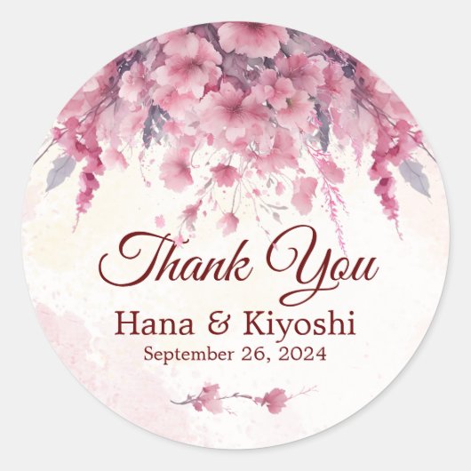 ロマンチックな日本 ピンクの桜の円形ステッカー ラウンドシール (正面)