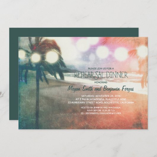 ロマンチックな日没のビーチのランタンのリハーサルの夕食 招待状 (正面/裏面)
