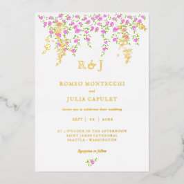 ロマンチックな明るいピンクのフローラフロントとバック結婚ズ 箔招待状