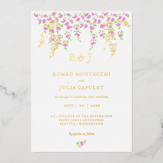 ロマンチックな明るいピンクのフローラフロントとバック結婚ズ 箔招待状 (正面)