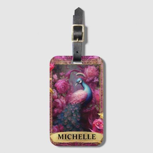 ロマンチックな明るい赤紫色ピーコックとバラファンタジー ラゲッジタグ (正面縦)