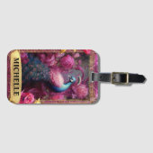 ロマンチックな明るい赤紫色ピーコックとバラファンタジー ラゲッジタグ (正面横)