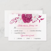 ロマンチックな明るい赤紫色白い花と食事の選択 出欠カード (正面/裏面)