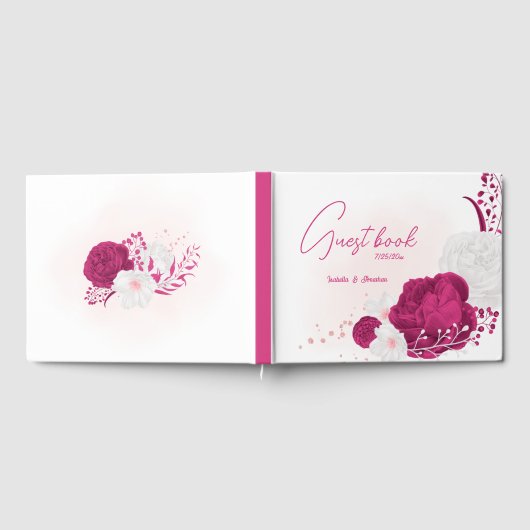 ロマンチックな明るい赤紫色白い花の植物性結婚の ゲストブック (全面)