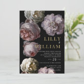 ロマンチックな暗いフローラムーディピンクブラック結婚ズ 招待状 (スタンド正面)