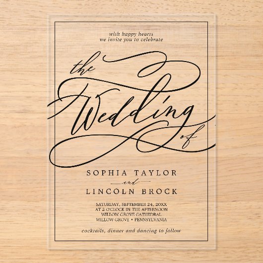 ロマンチックな書モダン道シンプルのエレガントな結婚式 アクリル招待状 (正面)