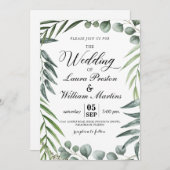 ロマンチックな書道の緑の草木は結婚式を去ります 招待状 (正面/裏面)