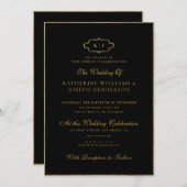 ロマンチックな書道クラシック金ゴールドモノグラ結婚ムの 招待状 (正面/裏面)