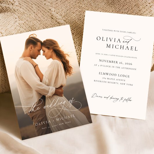 ロマンチックな書道スクリプトオーバーレイ結婚写真 招待状