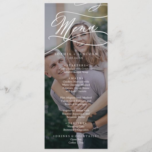 ロマンチックな書道ダーク結婚フォトの夕食会 メニュー (正面)