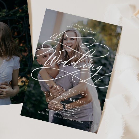 ロマンチックな書道ダーク・フォトフローリッシュ結婚ズ 招待状