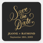 ロマンチックな書道ブラックゴールドフォイル日付を保存 スクエアシール (正面)