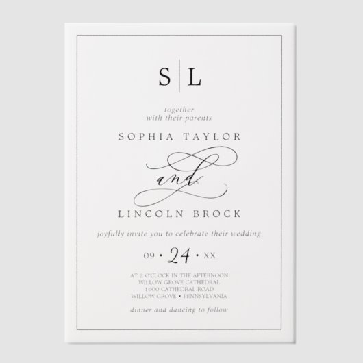 ロマンチックな書道ミニマルなモノグラム結婚ズ ベラム紙招待状 (正面)