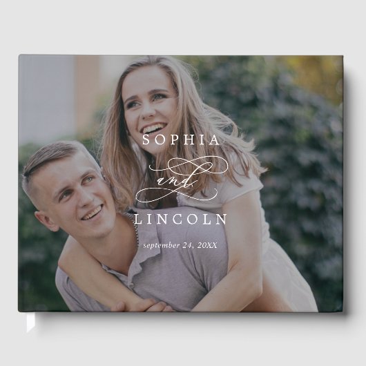 ロマンチックな書道モノグラム暗い結婚写真 ゲストブック (正面)