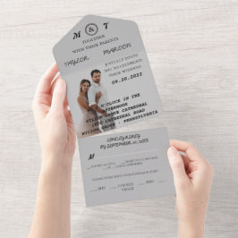 ロマンチックな書道モノグラム結婚写真 オールインワン招待状