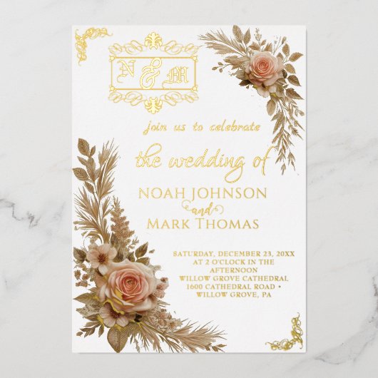 ロマンチックな書道モノグラム結婚写真 箔招待状 (正面)