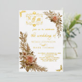 ロマンチックな書道モノグラム結婚写真 箔招待状 (立ち正面)