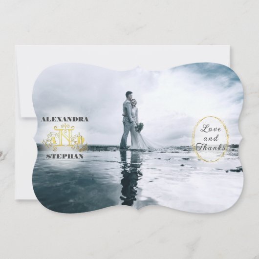 ロマンチックな書道結婚の金ゴールド サンキューカード (正面)