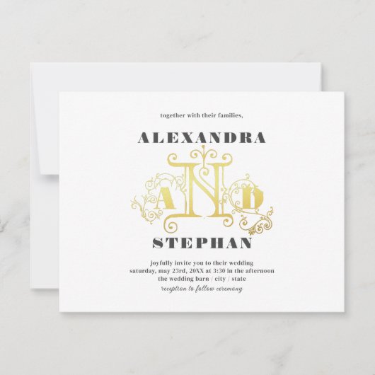 ロマンチックな書道結婚の金ゴールド 招待状 (正面)