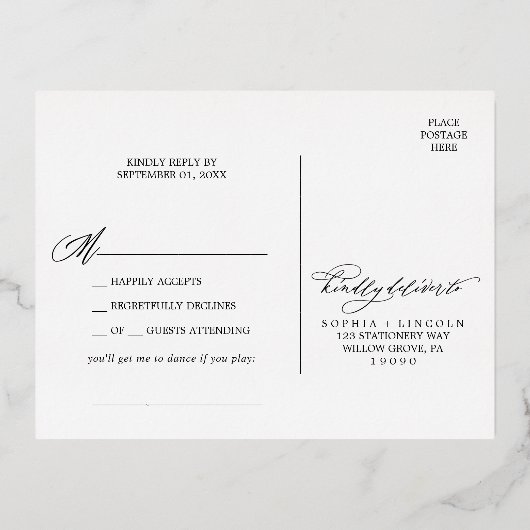 ロマンチックな書道金箔とアイボリーソングRSVP 箔招待状ポストカード (裏面)