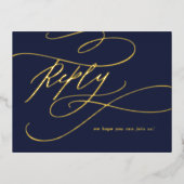 ロマンチックな書道金箔海軍ブルーミールRSVP 箔招待状ポストカード (正面)