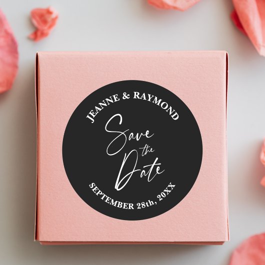ロマンチックな書道黒い結婚式の日付を保存 ラウンドシール