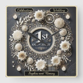 ロマンチックな最初の結婚記念日のためのリースデザイン スクエア壁時計 (正面)