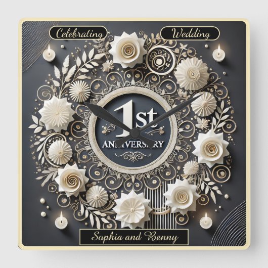 ロマンチックな最初の結婚記念日のためのリースデザイン スクエア壁時計 (正面)