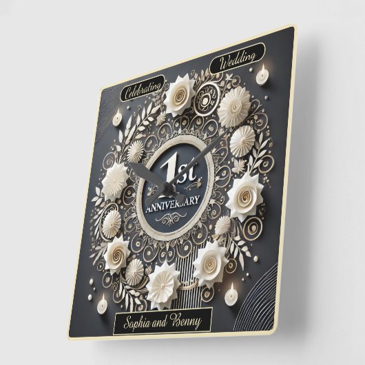 ロマンチックな最初の結婚記念日のためのリースデザイン スクエア壁時計 (傾斜)