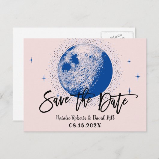 ロマンチックな月と星ピンクの結婚式の日付を保存 案内ポストカード (正面/裏面)