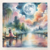 ロマンチックな月光の水彩画の夜の情景 ガラスコースター (正面)