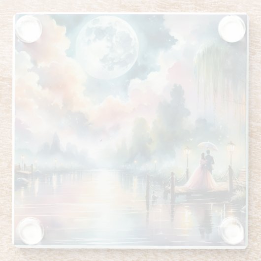 ロマンチックな月光の水彩画の夜の情景 ガラスコースター (裏面)