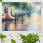 ロマンチックな月明かりの水彩夜景 キッチンタオル (折り畳み)