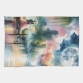 ロマンチックな月明かりの水彩夜景 キッチンタオル (横)