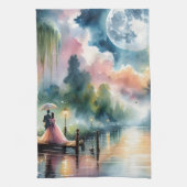 ロマンチックな月明かりの水彩夜景 キッチンタオル (縦)