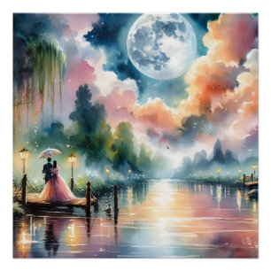 ロマンチックな月明かりの水彩夜景 ポスター