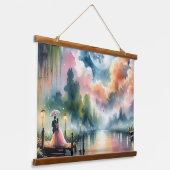 ロマンチックな月明かりの水彩夜景 吊り下げ型タペストリー (傾斜あり)