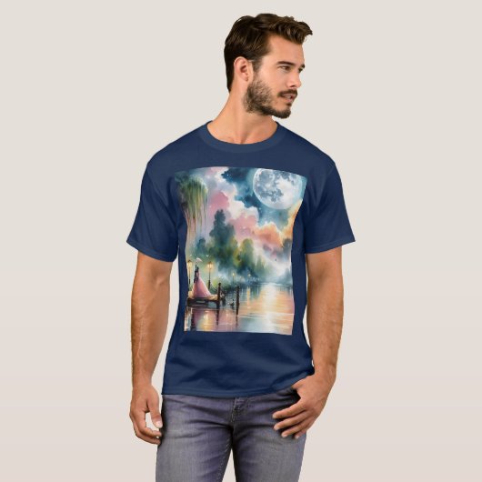 ロマンチックな月明かりの水彩夜景 Tシャツ (正面フル)